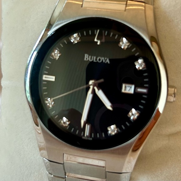 Bulova Silver Timepiece with Black Face and Swarovski Crystal detail. - Picture 6 of 8